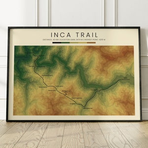 Póster con mapa topográfico del Camino Inca / Mapa de elevación del Camino Inca a Machu Picchu / Impresión del Camino Inca / Arte mural Inca / Regalo de senderismo en Perú