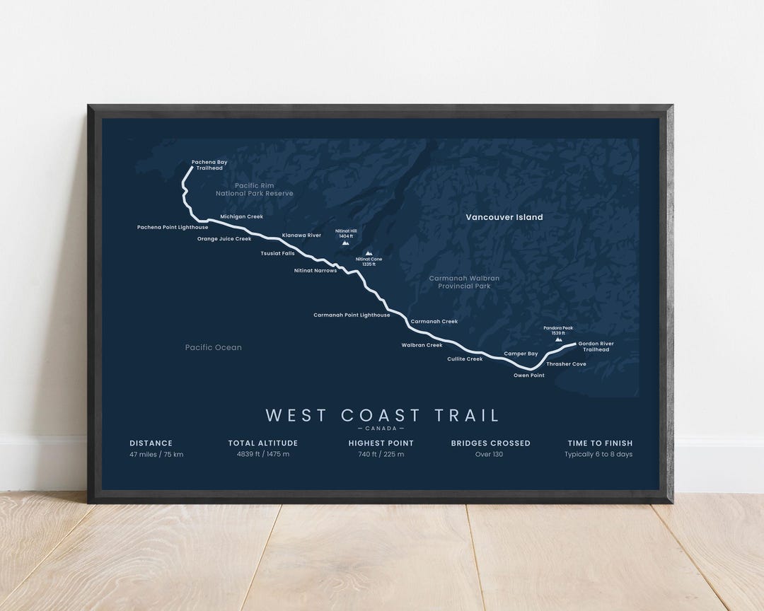 West Coast Trail Map Print | British Columbia Hiking Path Map | BC