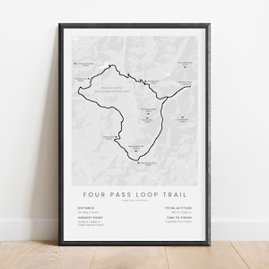Impresión de Four Pass Loop / Mapa de senderos de senderismo de Four Pass Loop / Póster de senderismo de Aspen / Arte mural de trekking de Colorado / Arte del mapa de Maroon Bells