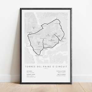 Carte Torres del Paine O Trek de Patagonie | Imprimé Patagonia O Circuit | Carte des itinéraires de randonnée du Chili | Art mural sentier de randonnée d'Amérique du Sud