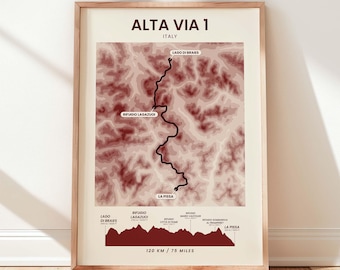 Alta Via 1 Map | Dolomites High Route 1 Poster | Italian Alps Print | Dolomiten Höhenweg 1 | Hiking Elevation Map | Mountain Climber Gift
