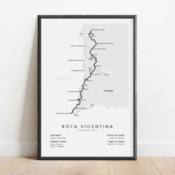 Rota Vicentina Poster | Historischer Weg Weg Poster | Santiago de Cacem bis Cabo de Sao Vincente Karte | Portugal Wandbild / Wanddeko Wandbild