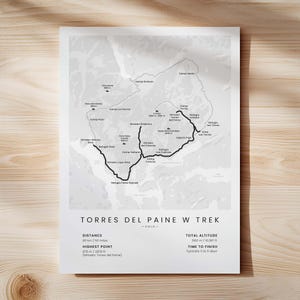 Impresión de la ruta W de Torres del Paine / Mapa de la ruta W de Patagonia / Póster de senderismo en Chile / Arte mural de trekking en la Patagonia / Decoración de pared de senderismo en Sudamérica White - Standard