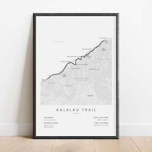 Kalalau Trail Print | Kauai Island Hawaii Hiking Path Map | Ke&#39;e to Kalalau Beach Trek Poster | Na Pali Coast Crawler&#39;s Ledge Hike Wall Art