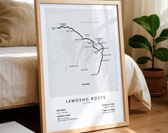 Stampa della mappa del percorso Lemosho / Poster del Monte Kilimanjaro / Mappa del sentiero escursionistico del Monte Kilimanjaro / Arte murale per trekking e alpinismo in Tanzania / Regalo per escursionisti