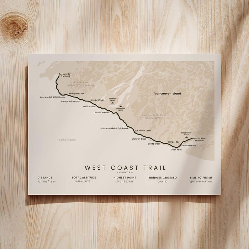 West Coast Trail Map Print | British Columbia Hiking Path Map | BC