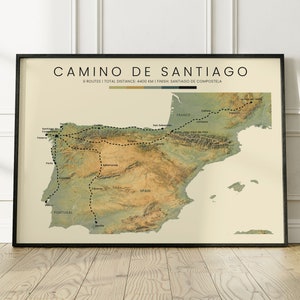 Poster de la carte topographique du Camino de Santiago (tous les itinéraires) | Chemin de Saint-Jacques-de-Compostelle d'altitude Impression | Cadeau randonnée pèlerinage El Camino