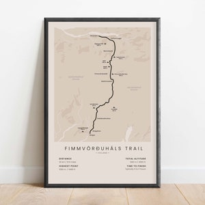 Carte du sentier Fimmvorduhals Imprimer | Affiche du sentier de randonnée de Skógar à Þórsmörk (Thorsmork)| Décoration murale Islande Fimmvörðuháls marche | Cadeau randonnée