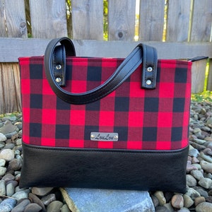 Buffalo Plaid Red & Black Hand Bag, black faux leather, Tote, Purse, laptop bag, Lumberjack, woodland, xmas gift. image 2