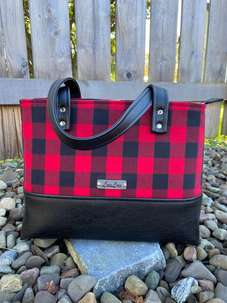 Buffalo Plaid Red & Black Hand Bag, black faux leather, Tote, Purse, laptop bag, Lumberjack, woodland, xmas gift. image 2