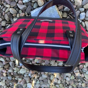 Buffalo Plaid Red & Black Hand Bag, black faux leather, Tote, Purse, laptop bag, Lumberjack, woodland, xmas gift. image 9