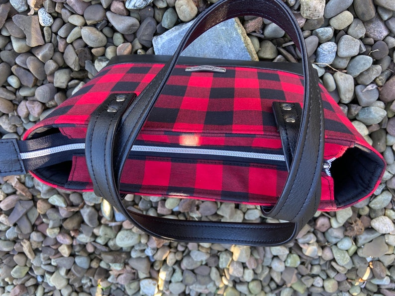 Buffalo Plaid Red & Black Hand Bag, black faux leather, Tote, Purse, laptop bag, Lumberjack, woodland, xmas gift. image 9