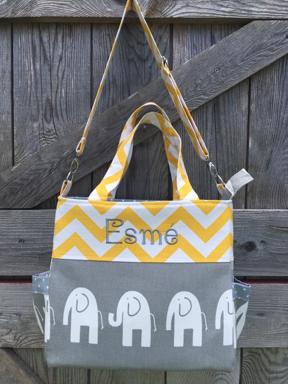 pink and grey elephant diaper bag