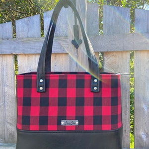 Buffalo Plaid Red & Black Hand Bag, black faux leather, Tote, Purse, laptop bag, Lumberjack, woodland, xmas gift. image 10