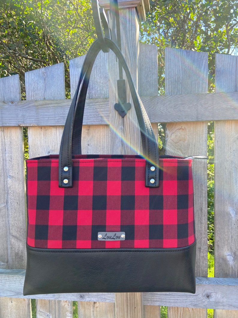 Buffalo Plaid Red & Black Hand Bag, black faux leather, Tote, Purse, laptop bag, Lumberjack, woodland, xmas gift. image 10