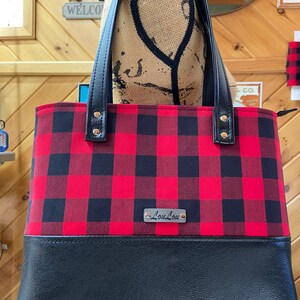 Buffalo Plaid Red & Black Hand Bag, black faux leather, Tote, Purse, laptop bag, Lumberjack, woodland, xmas gift. image 7