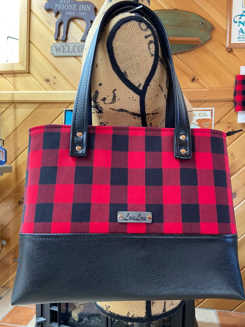 Buffalo Plaid Red & Black Hand Bag, black faux leather, Tote, Purse, laptop bag, Lumberjack, woodland, xmas gift. image 7