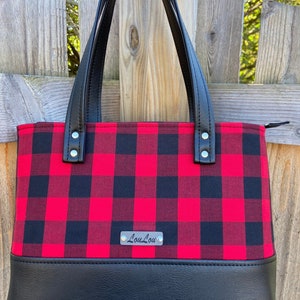 Buffalo Plaid Red & Black Hand Bag, black faux leather, Tote, Purse, laptop bag, Lumberjack, woodland, xmas gift. image 1