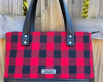 Buffalo Plaid Red & Black Hand Bag, black faux leather, Tote, Purse, laptop bag, Lumberjack, woodland, xmas gift.