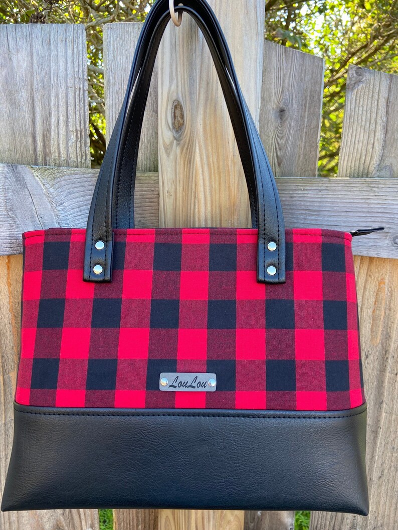 Buffalo Plaid Red & Black Hand Bag, black faux leather, Tote, Purse, laptop bag, Lumberjack, woodland, xmas gift. image 1