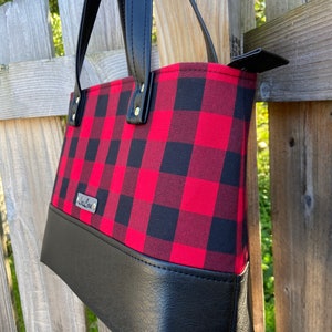 Buffalo Plaid Red & Black Hand Bag, black faux leather, Tote, Purse, laptop bag, Lumberjack, woodland, xmas gift. image 4