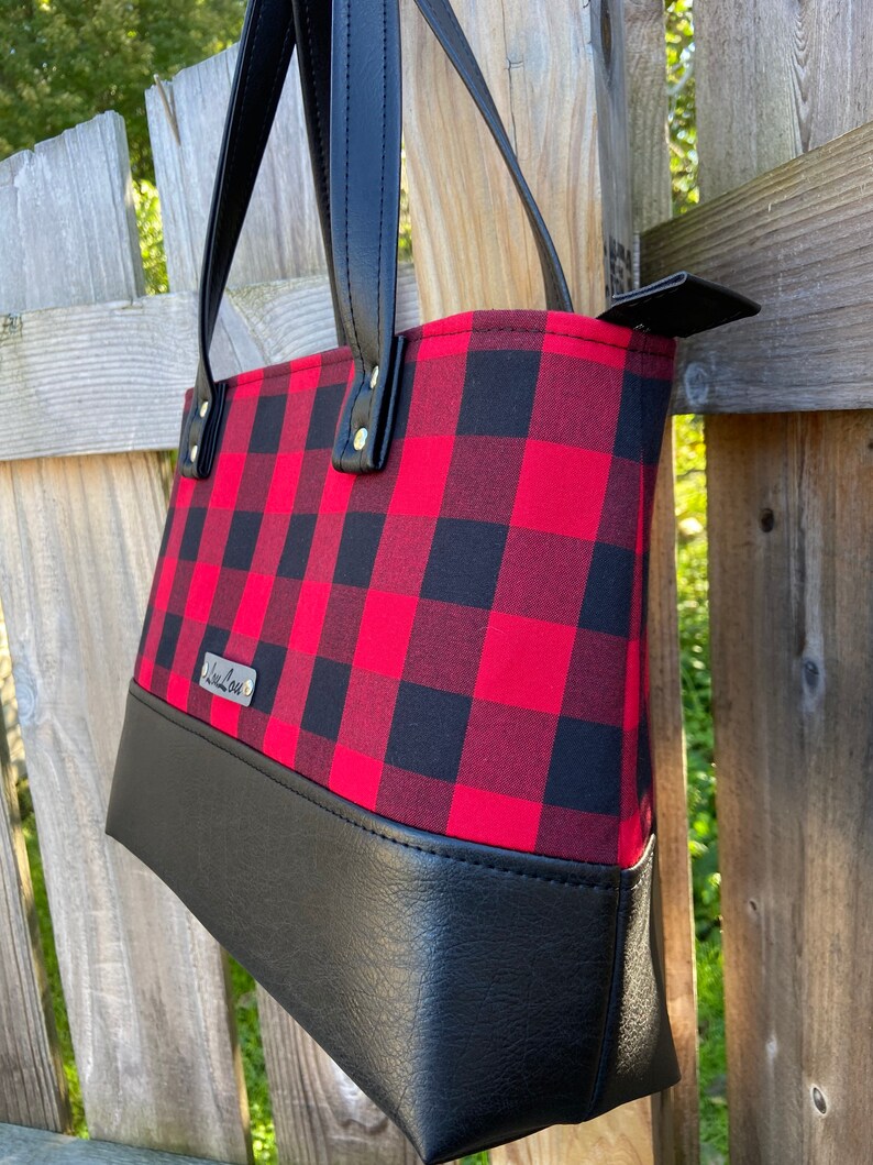 Buffalo Plaid Red & Black Hand Bag, black faux leather, Tote, Purse, laptop bag, Lumberjack, woodland, xmas gift. image 4