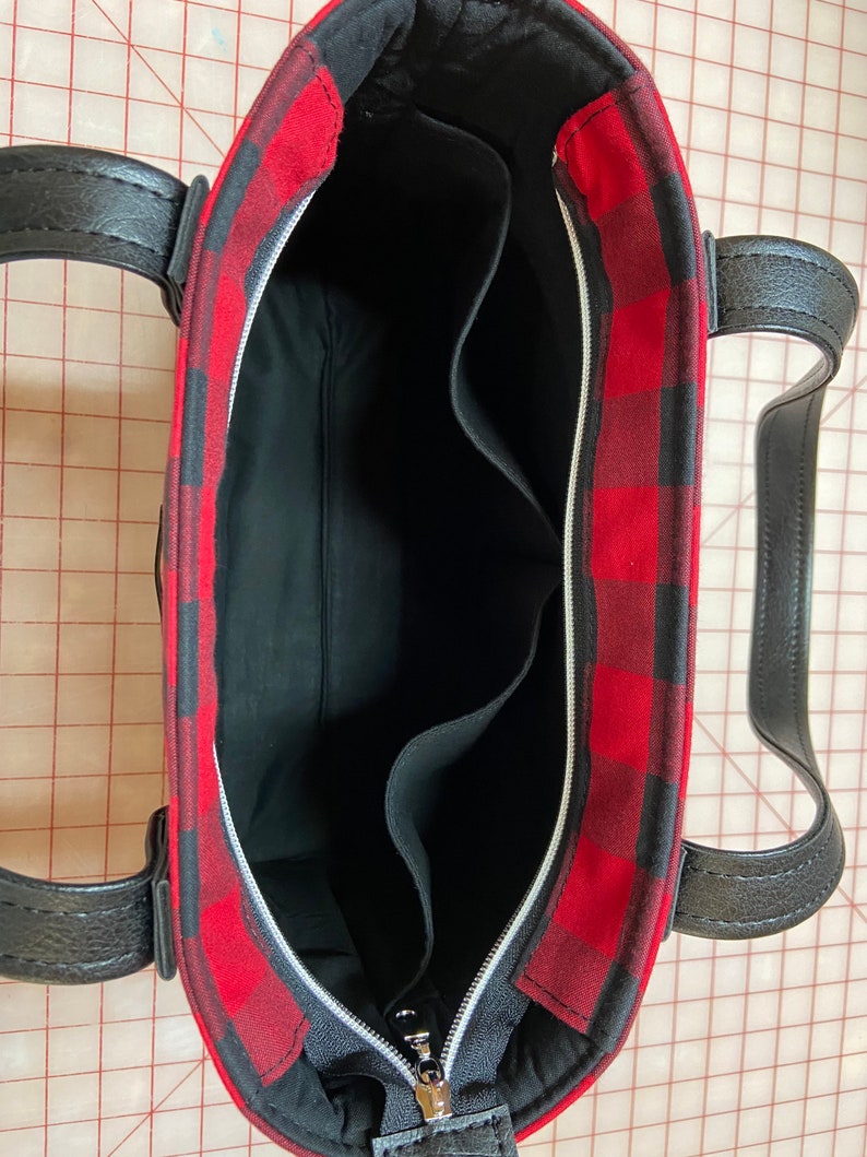 Buffalo Plaid Red & Black Hand Bag, black faux leather, Tote, Purse, laptop bag, Lumberjack, woodland, xmas gift. image 6