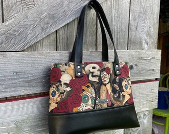 Black Red Day of the Dead Bag, Sugar Skull Roses Purse, Steampunk Bag, Spooky Gothic Bag, Mardi Gras Bag, Faux Leather bag