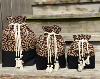 Drawstring totes, cheetah print tote, drawstring bag, knitting bag, project bag, lunch bag, shoe bag, kids toy tote, anything tote bag.