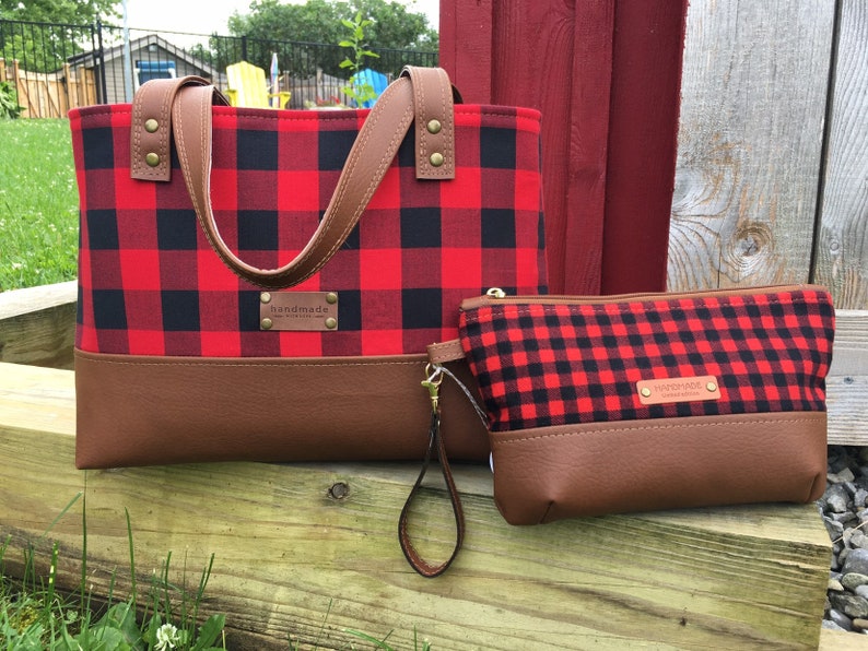 red and black plaid handbag