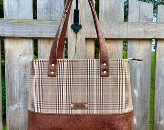 Plaid Hand Bag, in a woven plaid of beautiful brown colors and a brown faux leather, Tote, Purse, laptop bag, fall handbag, gift.