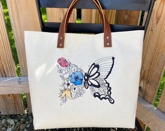 Canvas fall  tote, butterfly embroidered tote, flower embroidered tote, genuine leather handle tote, canvas tote, fully lined tote.