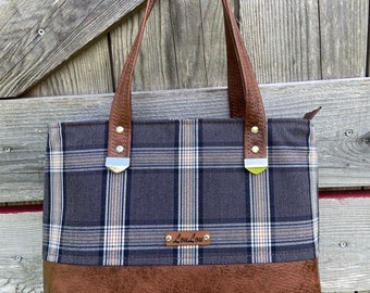 Tartan Navy plaid handbag, Brown faux leather handbag, great winter purse.