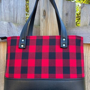 Buffalo Plaid Red & Black Hand Bag, black faux leather, Tote, Purse, laptop bag, Lumberjack, woodland, xmas gift. image 3