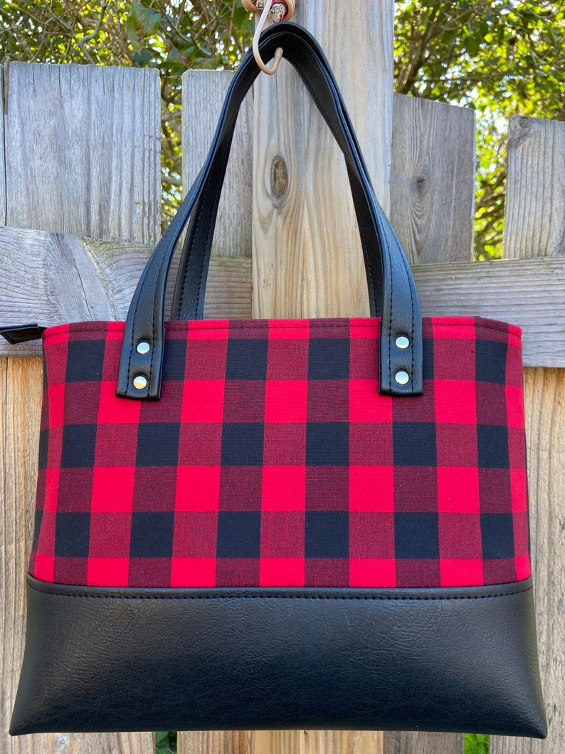 Buffalo Plaid Red & Black Hand Bag, black faux leather, Tote, Purse, laptop bag, Lumberjack, woodland, xmas gift. image 3