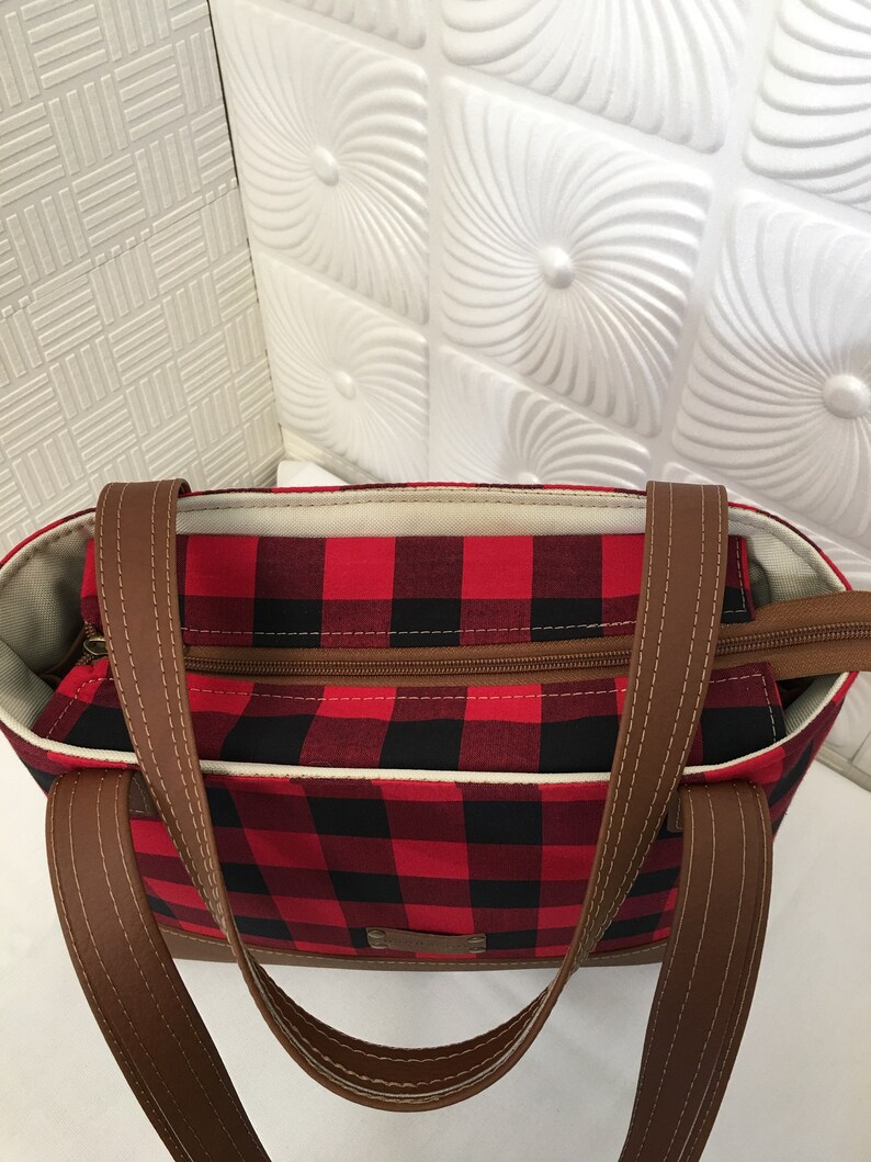 red and black plaid handbag
