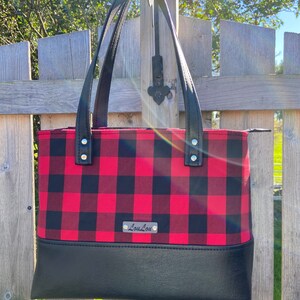 Buffalo Plaid Red & Black Hand Bag, black faux leather, Tote, Purse, laptop bag, Lumberjack, woodland, xmas gift. image 5