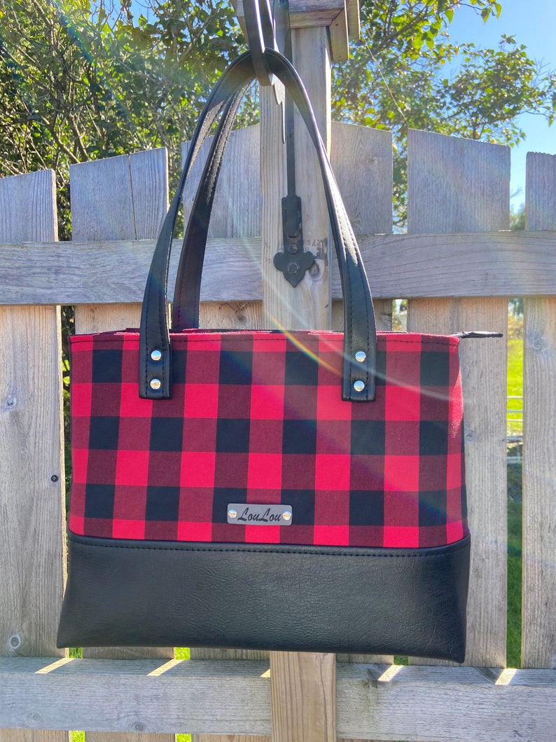 Buffalo Plaid Red & Black Hand Bag, black faux leather, Tote, Purse, laptop bag, Lumberjack, woodland, xmas gift. image 5