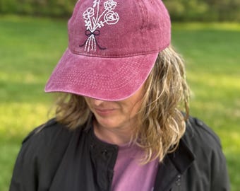 Hand embroidered Birth month flowers hat, women’s ball cap, Mother’s Day, birthday gift, Personalize, Customize