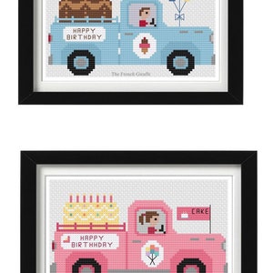 Happy Birthday Truck Cross Stitch, two pdfs&#39;s instant digital Instant Download Pattern Crossstitch Cake Celebration
