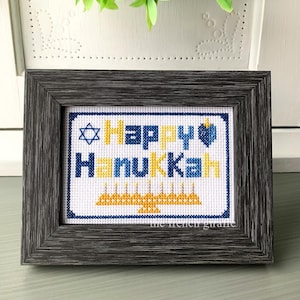 Happy Hanukkah Crossstitch Pattern Instant Download PDF Cross Stitch Jewish Menorah Dreidel Star of David