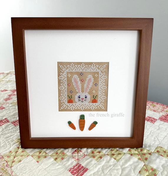 4x4 Spring Bunny Crossstitch Pattern Instant Download PDF Cross Stitch Easter Flowers whitework frame