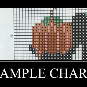 May include: A sample chart for a cross-stitch pattern featuring a pumpkin with orange, brown, and green colors. The chart is labeled "SAMPLE CHART".