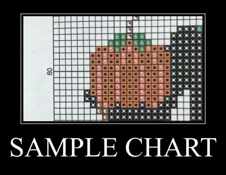 May include: A sample chart for a cross-stitch pattern featuring a pumpkin with orange, brown, and green colors. The chart is labeled "SAMPLE CHART".