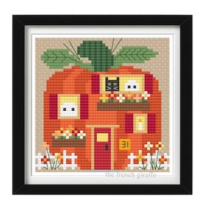 Pumpkin Ghost House Cross Stitch Pattern: Autumn Black Cat Design (PDF Download)