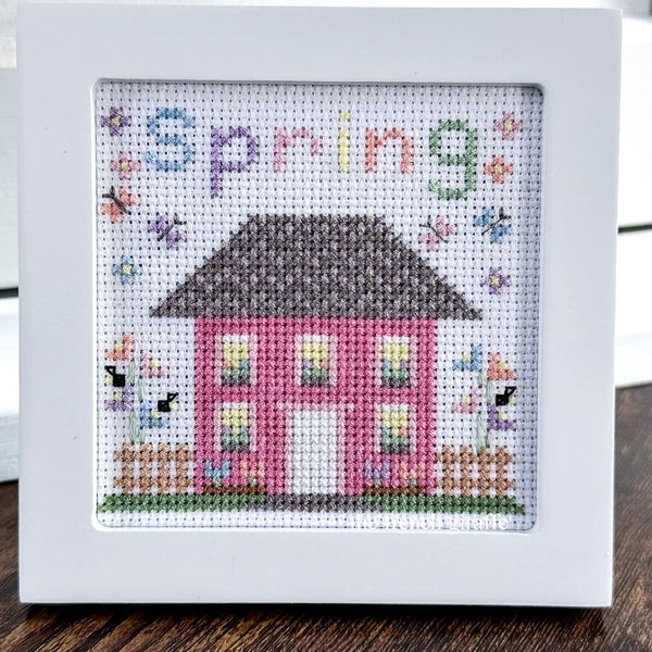 4x4 Spring Pink House  Crossstitch Pattern Instant Download PDF Cross Stitch Butterfly Bees Picket Fence