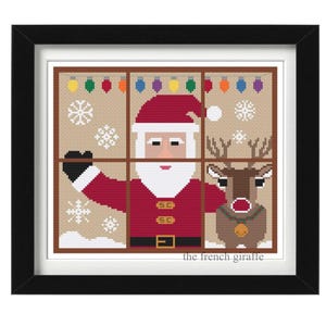 Aí vem o Papai Noel, espiando pela janela Padrão de ponto cruz de Natal Download instantâneo PDF Crossstitch Santa Around the World