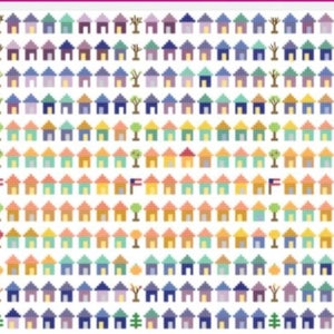 May include: A colourful pattern of small houses and trees. The houses are in various colours, including blue, green, yellow, orange, and red. The trees are green and brown. The pattern is repeated across the image.