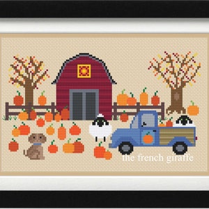 Pumpkin Farm Crossstitch Truck Pattern Instant Download cross stitch PDF Autumn Fall Sheep Barn Blue Truck