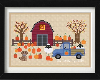 Kruissteekpatroon pompoenboerderij: herfstwagen, schaap, schuur (pdf-patroon)